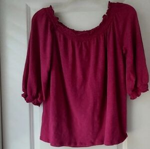 Knox Rose Popover Blouse Ruffles Boho Peasant Hot Pink Knit Cottage Medium